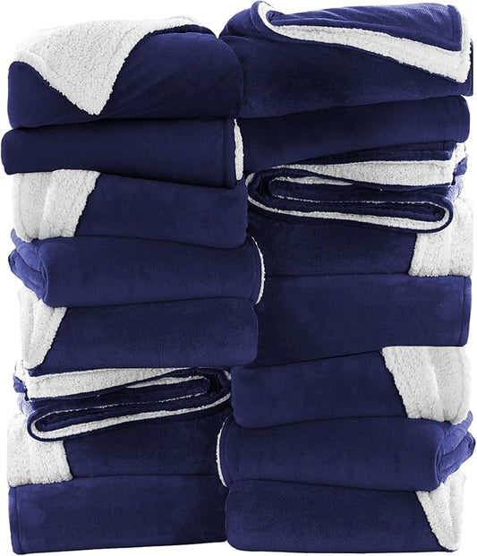MOONLIGHT20015 Navy Sherpa Fleece Throw Blanket for Bed - Wholesale Bulk Pack of 16 Sherpa Blankets - Soft Fluffy Throw Blankets for Hotels, Guest Bedroom, 50x60 Inches