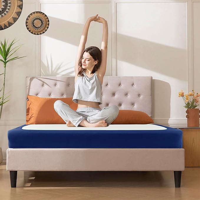 Biscaynebay Decorative Box Spring Cover Queen Size, Navy Jersey Luxurious Jersey Knitting Stretchy Wrap Around 4 Sides Bed Skirt for Home/Hotels, Easy Fit Wrinkle & Fade Free Machine Washable