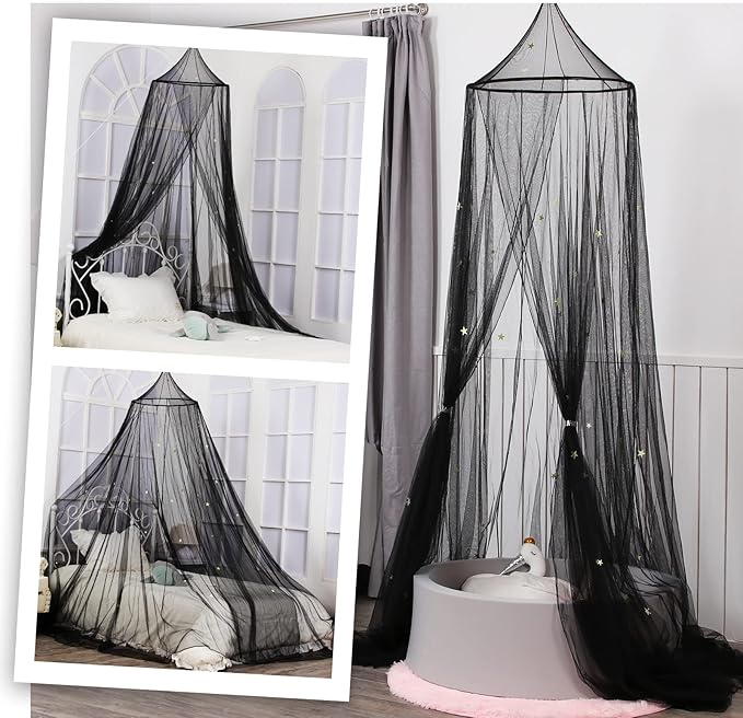 South to East Bed Canopy with Glowing Stars in The Dark, Black Bed Curtains for Kids Bed & Toddler Bed, Twin, Full & Queen, Mosquito Net Canopy for Adult Bedoom, Easy to Install
