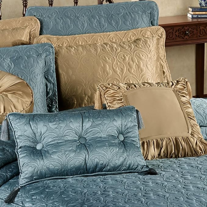 Cambridge Classic Luxury Bedding | Blue Shadow Solid Color Polyester Satin | Elaborate Damask Quilting | 6 Pc Set Includes Oversized California King Bedspread, 2 King Shams, & 3 Decorative Pillows