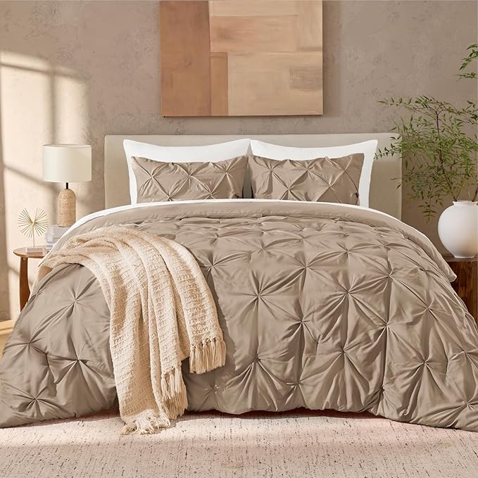 Andency Taupe Comforter Twin(66x90Inch), 2 Pieces(1 Pintuck Comforter, 1 Pillowcase) Microfiber Pinch Pleat Comforter Set Twin Size, Lightweight and Soft Bedding Comforter Set
