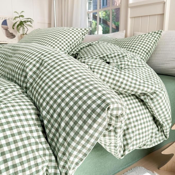 LifeTB Green Gingham Duvet Cover King Boho Green Grid Plaid Duvet Cover 100% Washed Cotton Checkered Comforter Cover with 2 Pillowcases Farmhouse Plaid Comforter Cover Gingham Bedding Set
