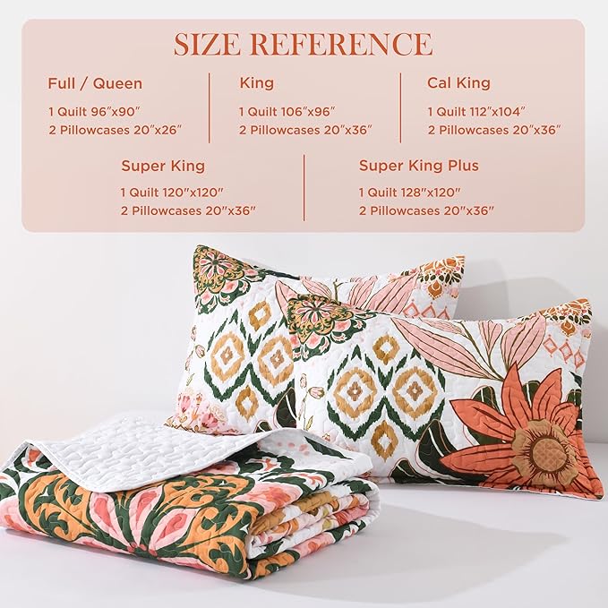 Andency Floral Boho Queen Quilt Bedding Set Pink, 3 Pieces Farmhouse Flower Botanical Summer Bedspreads with 2 Shams, Soft Reversible Lightweight Microfiber Coverlet Set for All Season, 90"x96"