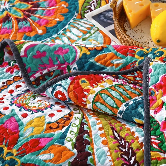 Qucover California King Quilt, Cotton Boho Paisley Quilt, 3 Piece Lightweight Oversized King Bedspread with Pillow Shams, Lightweight Colorful Bedding Comforter Sets, 118x106