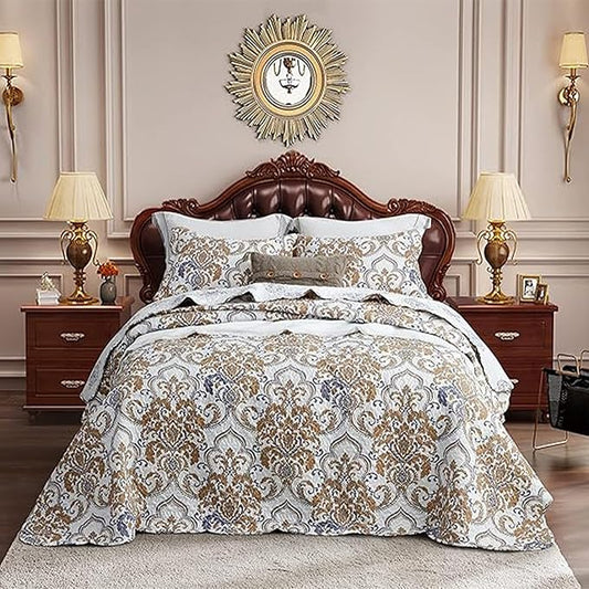 CHIXIN Oversized King Bedspread 128x120 Extra Wide - European Damask Paisley Pattern - Classic & Gorgeous Bedding Cover, Lightweight, Ultra Soft, 5 Piece, 100% Microfiber, White/Khaki/Grey