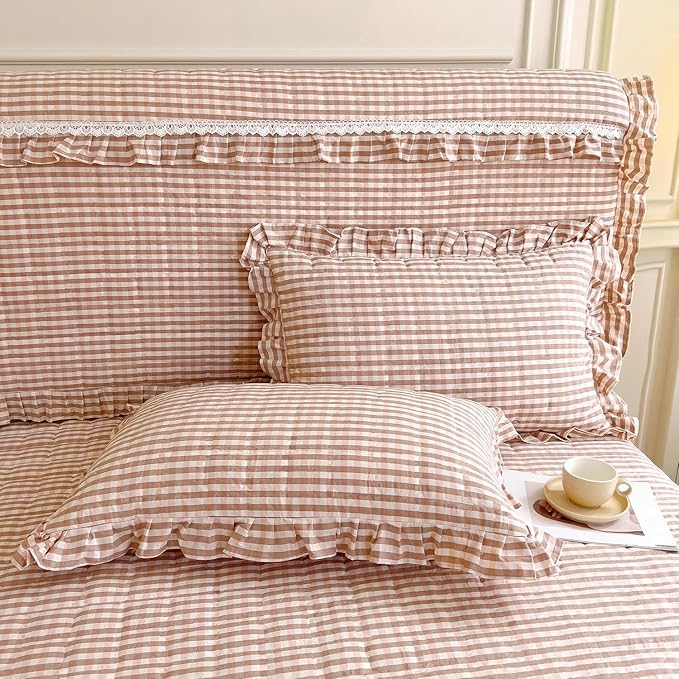 LifeTB Pink Gingham Comforter Set King 3 Pieces Ruffle Pink Plaid Comforter Set Fluffy Soft Grid Bedding Set Vintage Checkered Comforter with 2 Pillowcases Farmhouse Gingham Plaid Bedding Set King