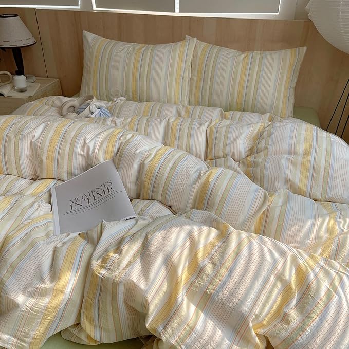 LifeTB 100% Washed Cotton Striped Duvet Cover Set King, 3 Pieces Colorful Yellow Stripes Pattern Printed Comforter Cover, Retro Striped Bedding Set Soft Breathable Duvet Cover with Zipper Closure