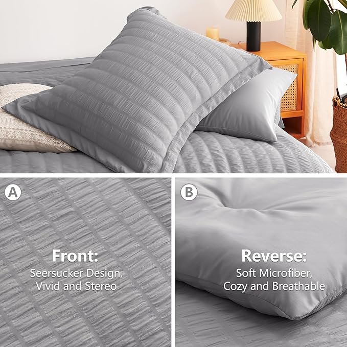 CozyLux King Size Comforter Set Grey Seersucker 7 Pieces Bed in a Bag King Comforter Set with Sheets, Gray Luxury Bedding Set with Down Alternative Comforter, Sheets, Pillowcases & Shams All Seasons