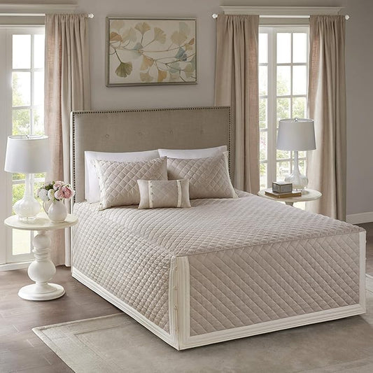 Madison Park Breanna 100% Cotton Fitted Bedspread Classic Traditional Design All Season, Lightweight, Bedding Set, Matching Shams, King(79" x81+24D) Diamond Quilted Khaki 4 Piece