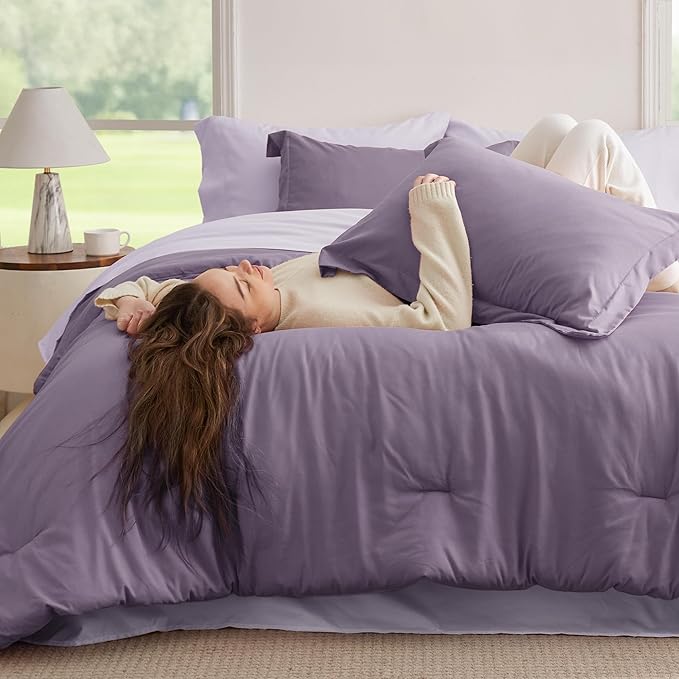 Bedsure Full Size Comforter Set - 7 Pieces Grayish Purple Full Bedding Set for All Seasons, Boho Contrasting Design Bed in a Bag with Comforter, Sheets, Pillowcases & Shams