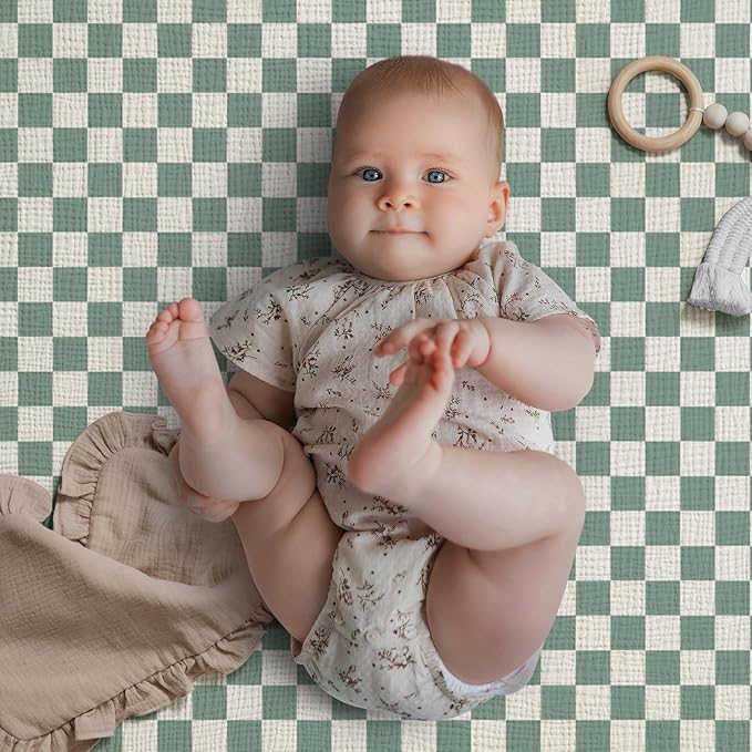 Blissful Diary Muslin Crib Sheets for Girl Boy, Boho Neutral Soft Cotton Baby Sheet for 52''x28'' Standard Crib Mattress, 2 Pack(Sage Checkboard & Sage Green)