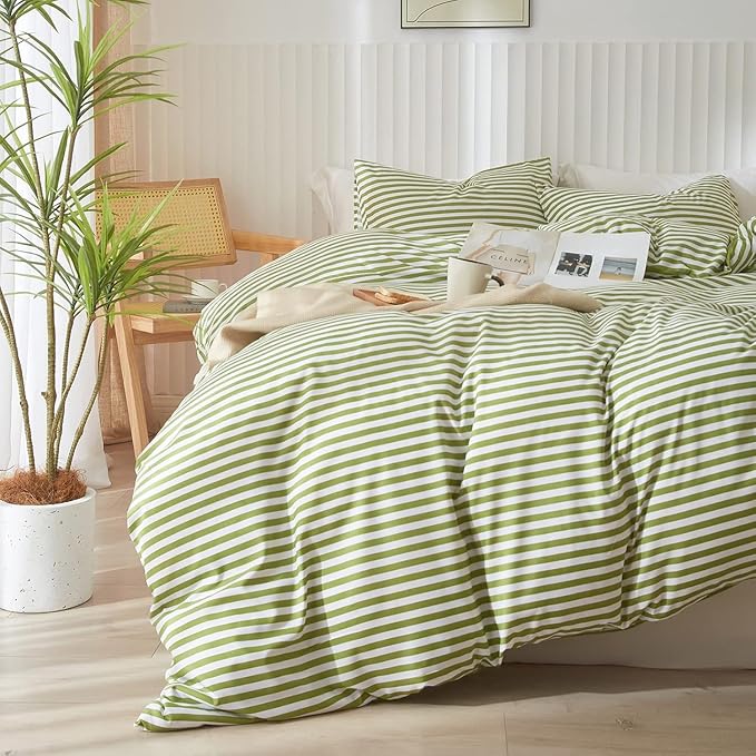 Full Comforter Set 3 Pieces Striped Comforter Set Green White Stripes Pattern Comforter with 2 Pillowcases Modern Style Lightweight Boho Bedding Comforter Geometric Striped Fluffy Comforter Set
