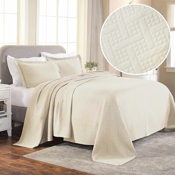 Superior 3 Piece Basketweave Cotton Bedspread Set, Home Bed Decor, Decorative Bed Spread, 2 Pillow Shams, Medium Weight Blanket, Matelasse Coverlet Bedding, Geometric Lattice Pattern, Queen, Ivory