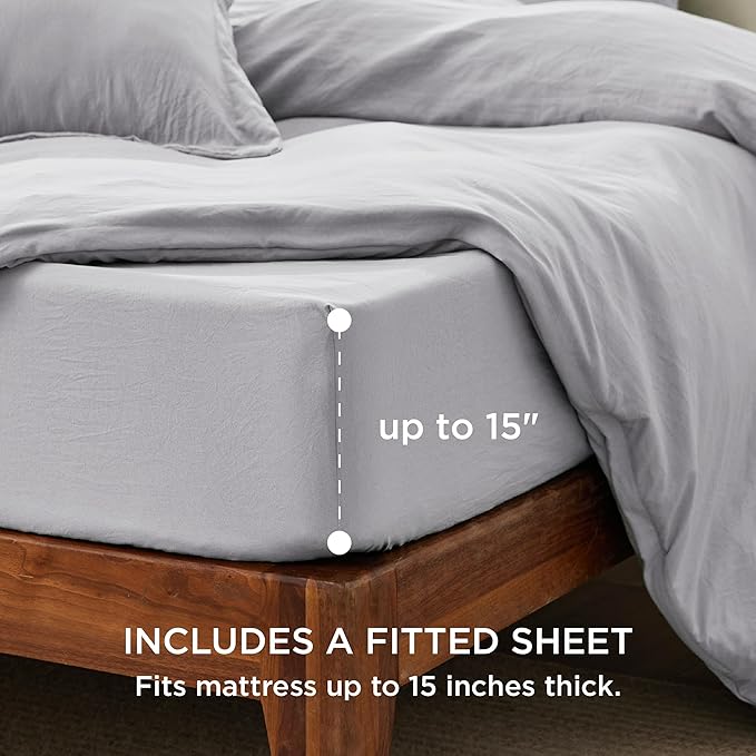 Bedsure Duvet Cover Queen Size with Fitted Sheet - 4 Pieces Prewashed Cotton-Like Polyester Extra Soft Bedding Set, Includes 1 Duvet Cover 90x90 Inches, 2 Pillow Shams, 1 Fitted Sheet, Light Grey