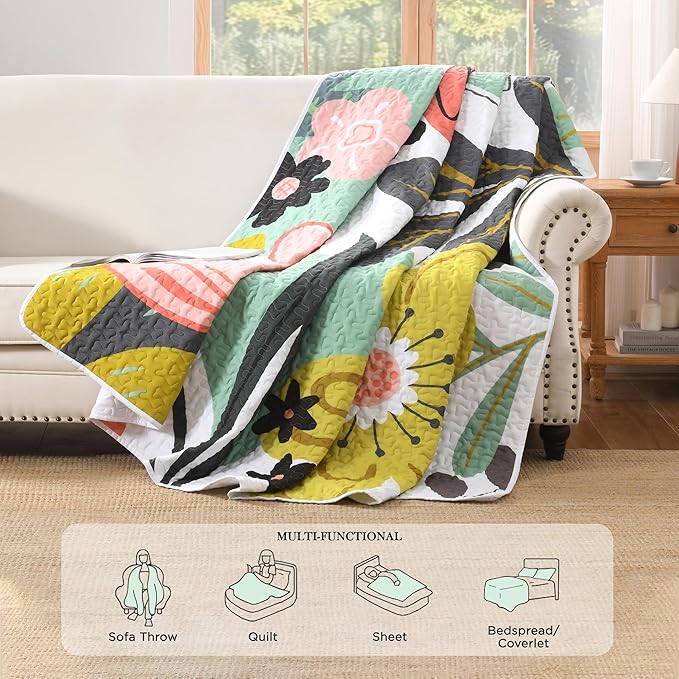 Andency Floral Boho California King Quilt Bedding Set Green, 3 Pieces Farmhouse Flower Botanical Summer Oversized King Bedspreads, Soft Reversible Lightweight Microfiber Coverlet Set, 104"x112"