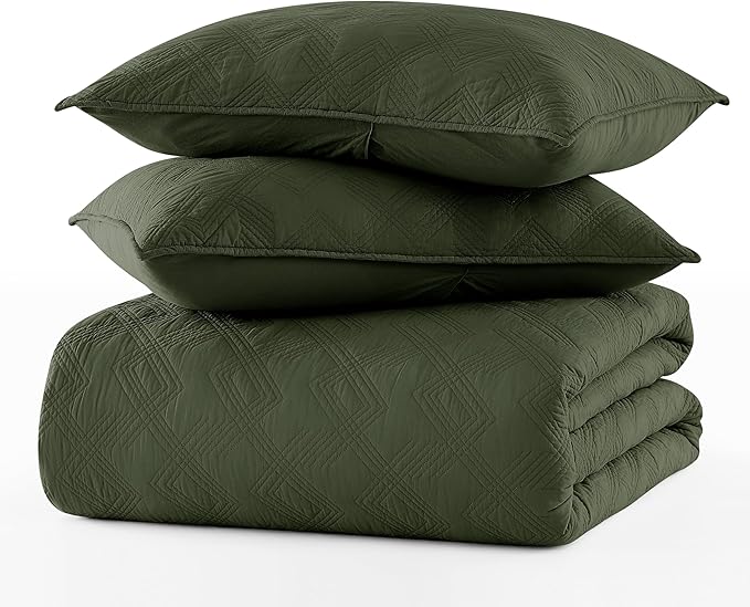WDCOZY 100% Cotton Oversized King Quilt Set - Olive Green California Cal King Size Soft Lightweight Modern Bedspread, Farmhouse Country Rustic Coverlet, Textured Like Linen, Shabby Chic Bedding
