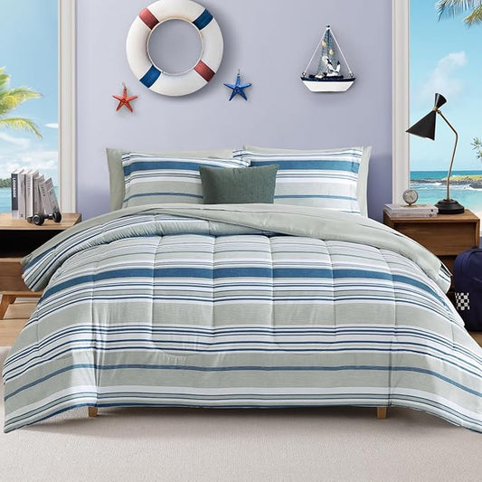 Twin XL Comforter Set Striped, Royal Blue Bedding Set 5 Pieces for Boys Girls Teen, All Season Bed in a Bag for Dorm with Sheets, Pillowcase & Sham