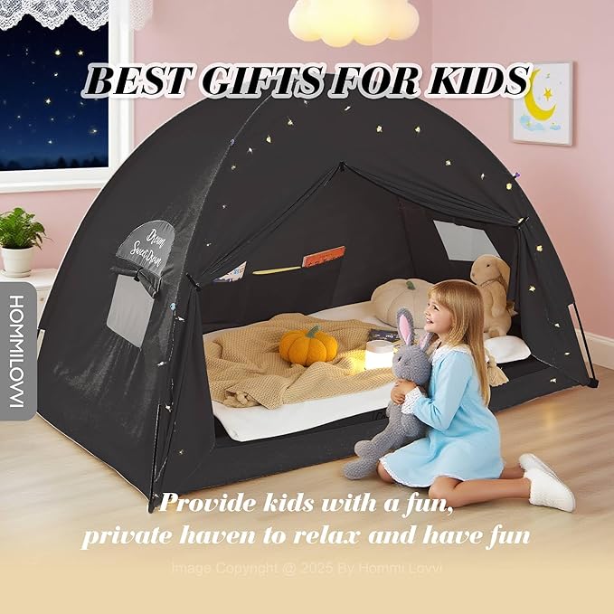 Twin Bed Tent for Boys, Indoor Blackout Sleeping Tent with Dreamy Canopy, Breathable Privacy Bunk Beds, Ideal for Drafty Rooms or Cottage-Style Spaces, Black
