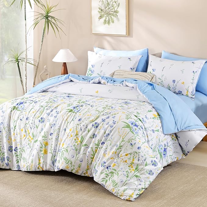 Yiran Blue Floral Comforter Set Queen Size, 7 Piece Watercolour Botanical Comforter Bedding Set, Bed in a Bag Queen, Soft Microfiber Complete Bedding Set with Sheets for All Season