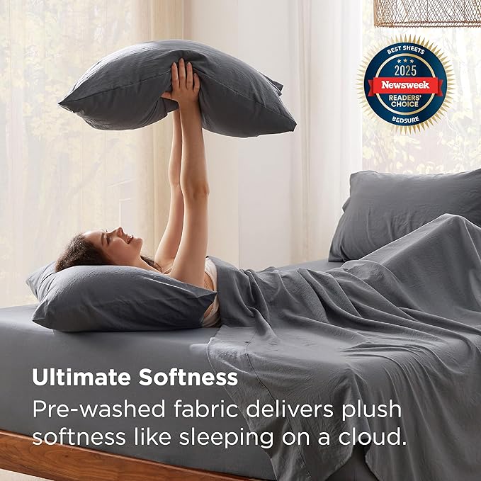 Bedsure Deep Pocket Full Size Sheets Set - 6 Piece, Prewashed Ultra-Soft Full Size Bed Sheets, Fits Mattresses Up to 18 Inches Thick, Breathable & Secure Fit, Hotel Luxury Bedding, Grey