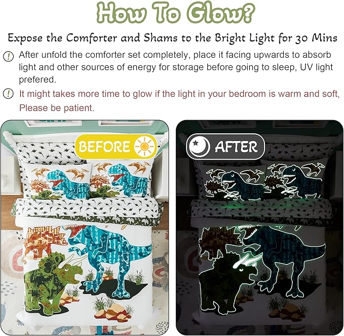 Twin Kids Comforter Set - 5 Pieces Twin Bedding Sets for Boys Teen, Glow in The Dark Dinosaurs Bed in A Bag with Sheets