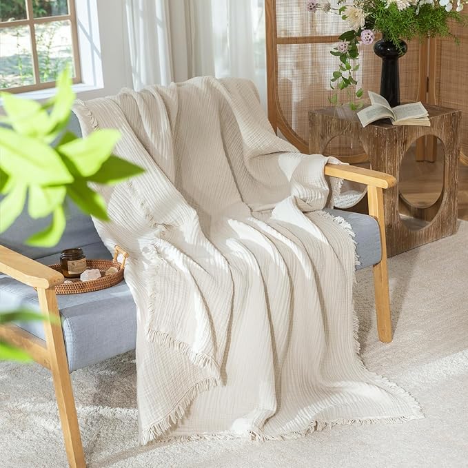 MooMee Muslin Blanket - 100% Cotton 4-Layer Gauze Throw Blanket with All-Around Fringe, Ultra-Soft Breathable Lightweight Cooling Decorative for Bed, Sofa & Couch (Beige,King 104" x 90")