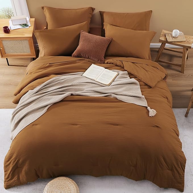 WRENSONGE Super King Comforter Set- 7 Pieces Terracotta Bed in a Bag Super King with Fitted Sheet, Flat Sheet, 2 Shams, and 2 Pillowcases- Warm Bedding Sets for All Season