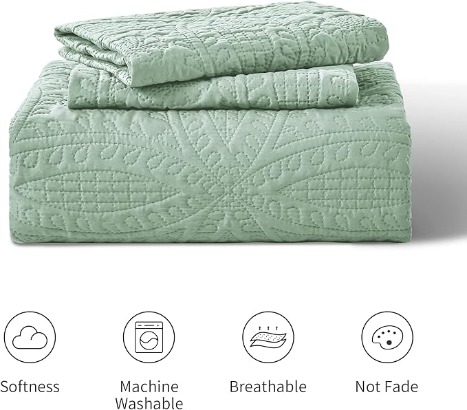 Love's cabin Quilts for Full Bed Sage Bedspreads Bedding Set - Lightweight Bedspread Comforter - Coin Pattern Bedding Coverlet for All Season - 3 Pieces (1 Quilt, 2 Pillow Shams)