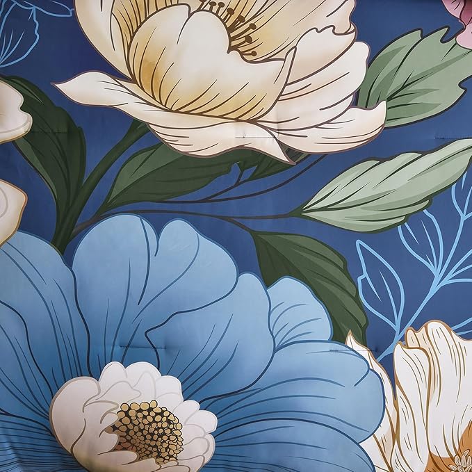 Xruibed Retro Navy Blue Floral Comforter Set Queen Size 7 Pieces Bed in a Bag Navy Floral Comforter Flower Bedding Sets Lightweight Boho Bed Set with Sheet, Pillowcases&Shams for All Season