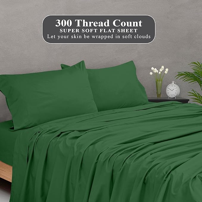 Royale Linens 300 Thread Count 100% Long Staple Combed Cotton Flat Sheet - Super Soft - Top Sheets - King Flat Sheet Sold Separately -Breathable, Cool & Crisp Percale Sheets Only (King, Hunter Green)