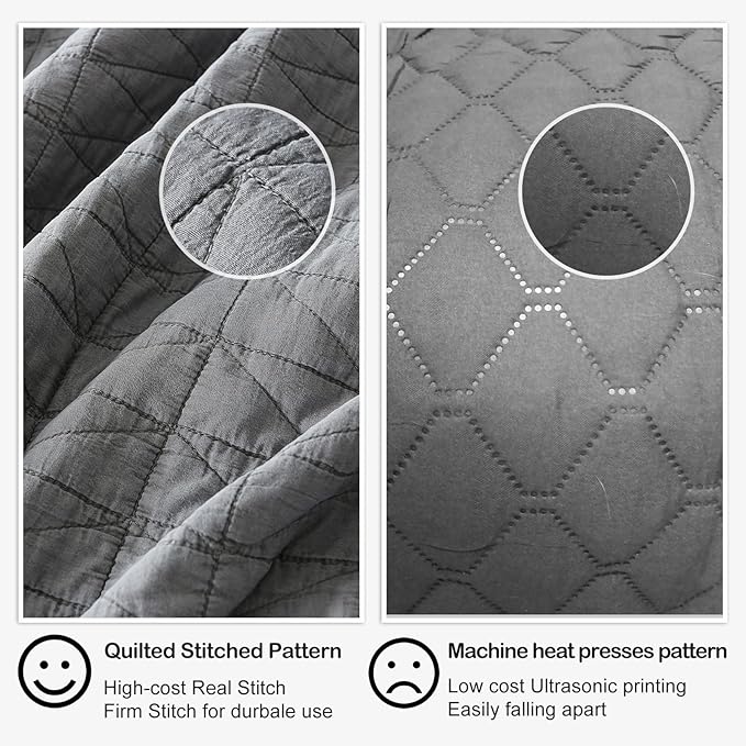 HORIMOTE HOME Quilt Set King Size, Stone-Washed Chic Rustic Grey Coverlet with Classic Triangle Stitched Pattern, Ultra Soft Lightweight Quilted Bedspread for All Season, 3 Pieces