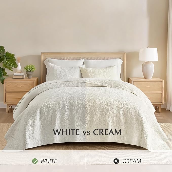 EVERGRACE 100% Cotton Paisley Quilt Set, Queen Size 3 Piece Set – Prewashed Lightweight Bedspread with 2 Shams, Soft & Breathable Matelasse Coverlet for All-Season Comfort, Bright White