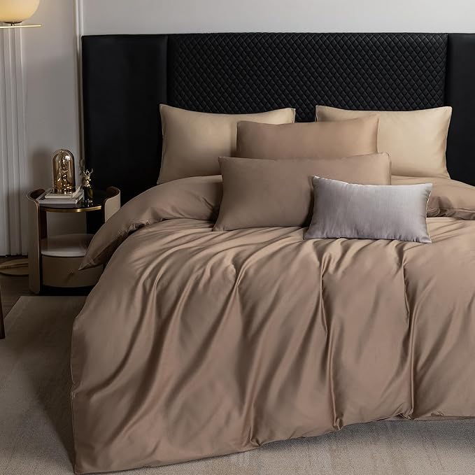 MooMee Duvet Cover Set 100% Extra Long Staple Cotton 600 Thread Count Silky Sateen Smooth Luxury Soft Breathable Durable Hotel Quality Bedding, 3 Pieces (Brown, King 104"x90")