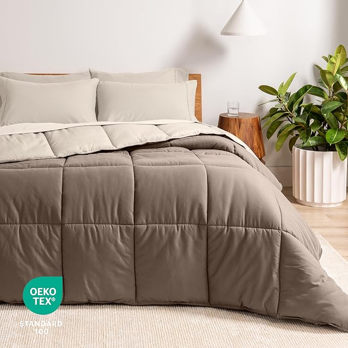 Bare Home Reversible Bed-in-A-Bag Comforter & Sheet Set - Twin - Down Alternative - Soft - Bedding Set (Twin, Taupe/Sand, Sand)