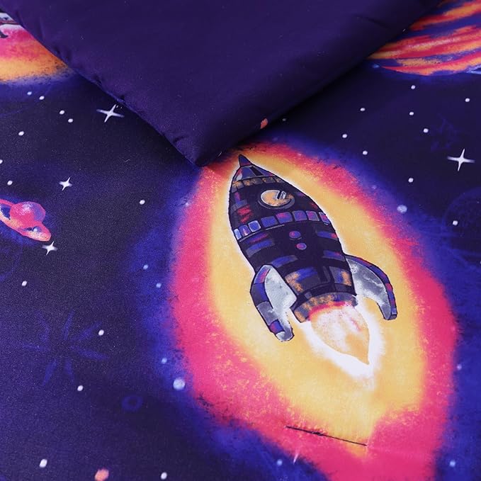 Twin Kids Comforter Set - 5 Pieces Twin Bedding Sets for Boys Teen, Outer Space Rocket Bed in A Bag with Sheets