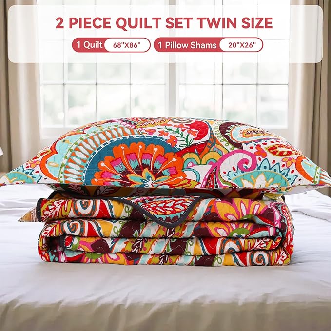 Qucover 100% Cotton Twin Quilt Set, 2 Piece Multicolor Paisley Boho Style Twin Bedspread with Pillow Shams, 68"x86"