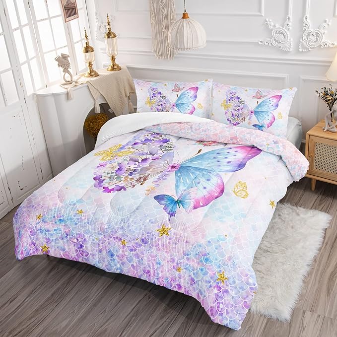 Axolotl Butterfly Bedding Twin,Rainbow Butterfly Comforter Set for Girls Teens,Butterfly Bedding for Girls with Golden Star Scales Pattern,Butterfly Printed Quilt Set with 1 Comforter 2 Pillowcases