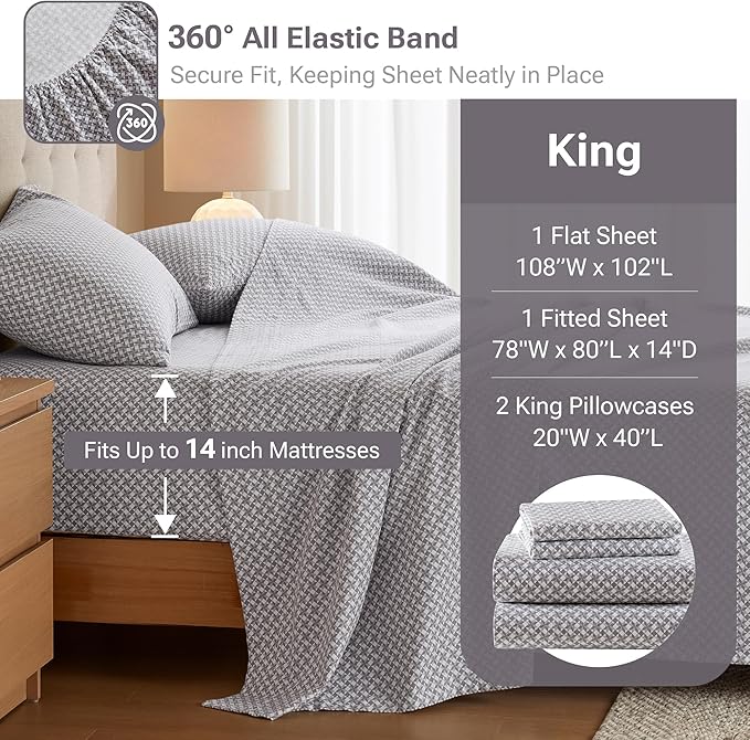 True North by Sleep Philosophy Cotton Sheet Set Cozy Print 100% Cotton Flannel Sheets Bedding Set, Oversized Sheets, Deep Pocket Fits Up to 14" Mattress King Bed Sheets King Snowflake 4 Piece