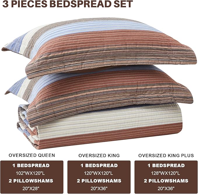 Oversized King Quilt Bedspread Coverlet 120x120, 100% Cotton California King Quilt with Pillow Shams, Soft Yarn Dyed Multicolor Striped Bedding Set, Brown/Beige/Blue