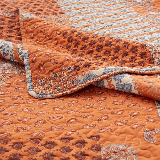 LEAONME 2 Pieces Twin Size Quilt Set Burnt Orange Rust Paisley Bedspread Coverlet Lightweight Microfiber Bedding Set 68x86 Inch Bed Cover for All Seasons (1 Quilt, 1 Pillow Sham)