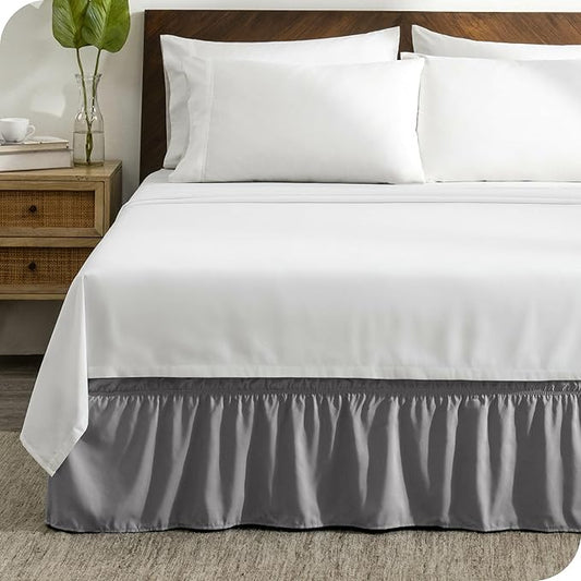 Bare Home Wrap Around Bed Skirt - for Twin Size Beds with 15 inch Tailored Drop - Easy Fit Elastic Strap - Adjustable and Ruffled Style - Wrinkle, Fade, and Stain Free (Twin, Light Grey)