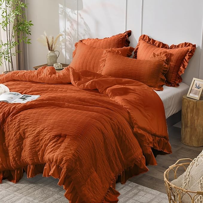 JOLLYVOGUE King Comforter Set, 3 Pieces Seersucker Comforters King Size, Lightweight & Fluffy Bedding Sets King for All Season with 1 Ruffle Comforter and 2 Ruffle Pillowshams, Burnt Orange
