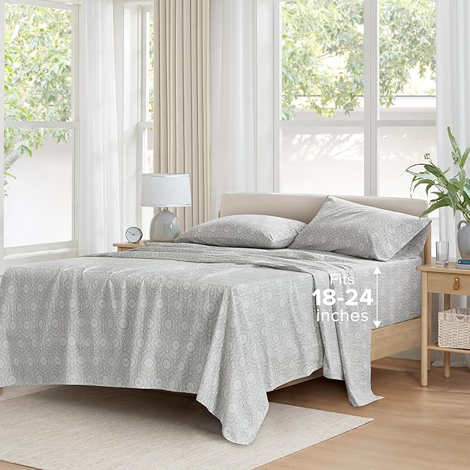 Comfort Spaces Extra Deep Pocket, 100% Cotton Sheets Queen Fits up to 24" Mattress, Breathable, Naturally Cool Cotton, Soft Cotton, All Seasons Sheet Set, Adelia Grey 4 Piece
