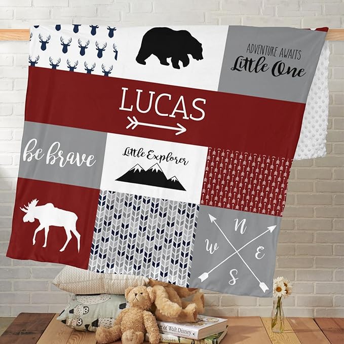 Customzed Baby Blanket for Boys Super Soft Double Layer with Dotted Backing, Monogrammed Receiving Blanket with Cute Woodland Multicolor Printed Blanket Red 40 x 50 Inch