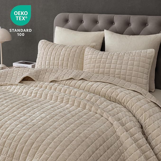 PHF Luxurious Velvet Quilt Set King Size – 3PCS Super Soft Quilted Comforter Alternative with Square-Box Quilt Pattern, Warm Quilted Bedspread Coverlet, 108" x 92", Oxford Tan