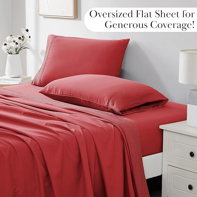 Southshore Fine Living, Inc. Pleated, 4-Piece King Size Sheets Set, 21-Inch Deep Pocket King Sheet Set, 1 Fitted Sheet, 1 Oversized Flat, 2 Red Pillow Cases, Chili Pepper Red Sheets