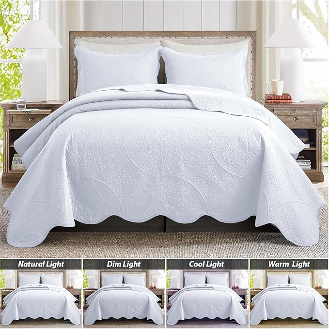 IR Imperial Rooms Queen Quilt Bedding Set Size (90" x 96") + 2 Pillow Shams (20" x 26"+ 2") - 3 Pcs All Season Lightweight Reversible Microfiber Coverlet Floral Embossed Quilt Bedspread (White)