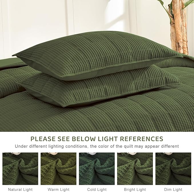 Sanracie Oversized King Quilt (120"x120"), Cotton Olive Green Waffle Weave Quilt Bedding Set 3Pcs Extra Wide Large Soft Breathable Luxury Aesthetic Bedding Coverlet for All Season