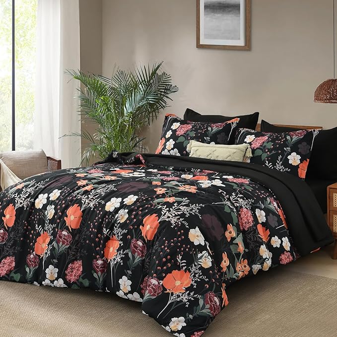 Yiran Black Red Floral Comforter Set Queen Size, 7 Piece Winter Comforter Bedding Set, Colorful Farmhouse Bed in a Bag, Soft Microfiber Complete Bedding Set with Sheets for All Season