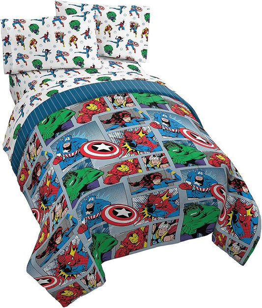 Jay Franco Marvel Avengers Fighting Team 4 Piece Twin Bed Set - Includes Reversible Comforter & Sheet Set Bedding - Super Soft Fade Resistant Microfiber (Official Marvel Product)